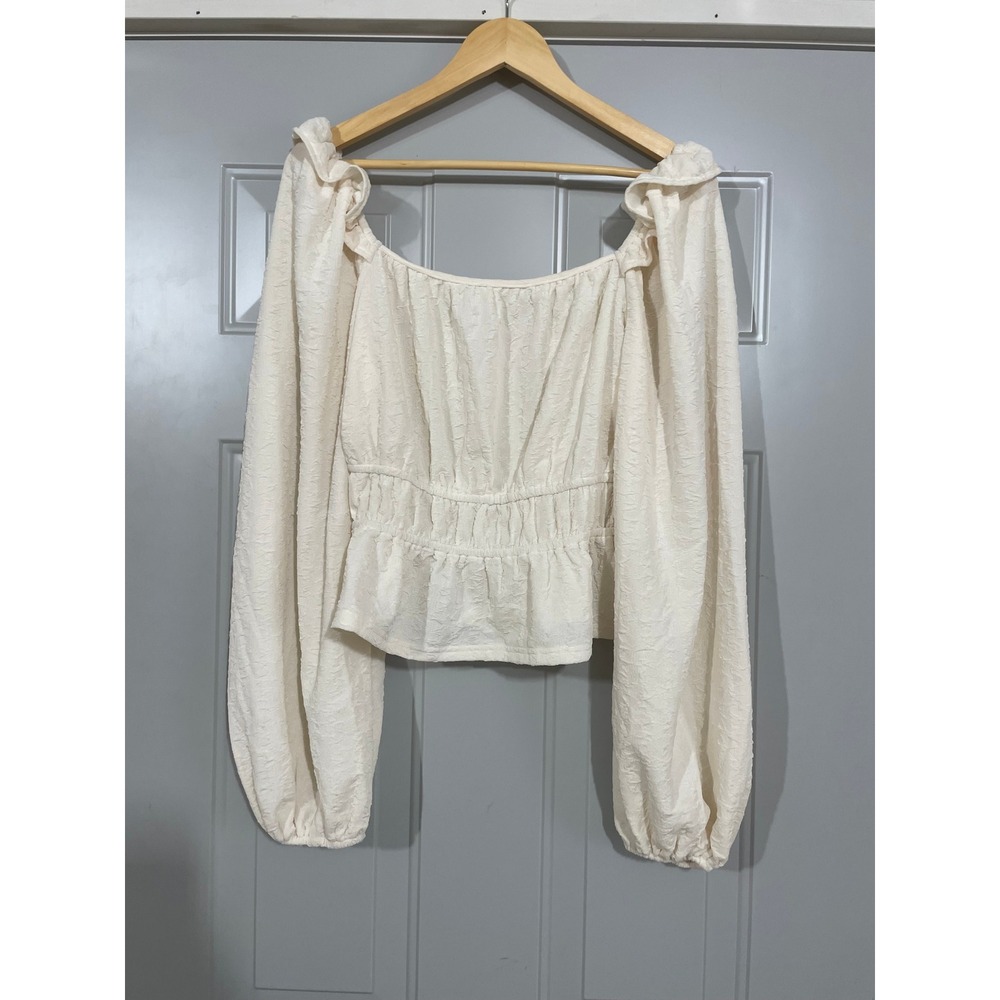Hyfve‎ Puff Sleeve Blouse Womens Large Cream Excellent Smocked Peplum HF24C527